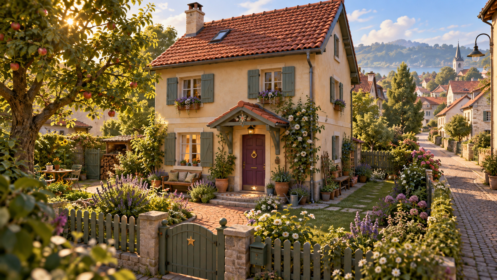 The Plum-Door Cottage: Cream plaster, a plum door, apple tree and handmade mosaic step.