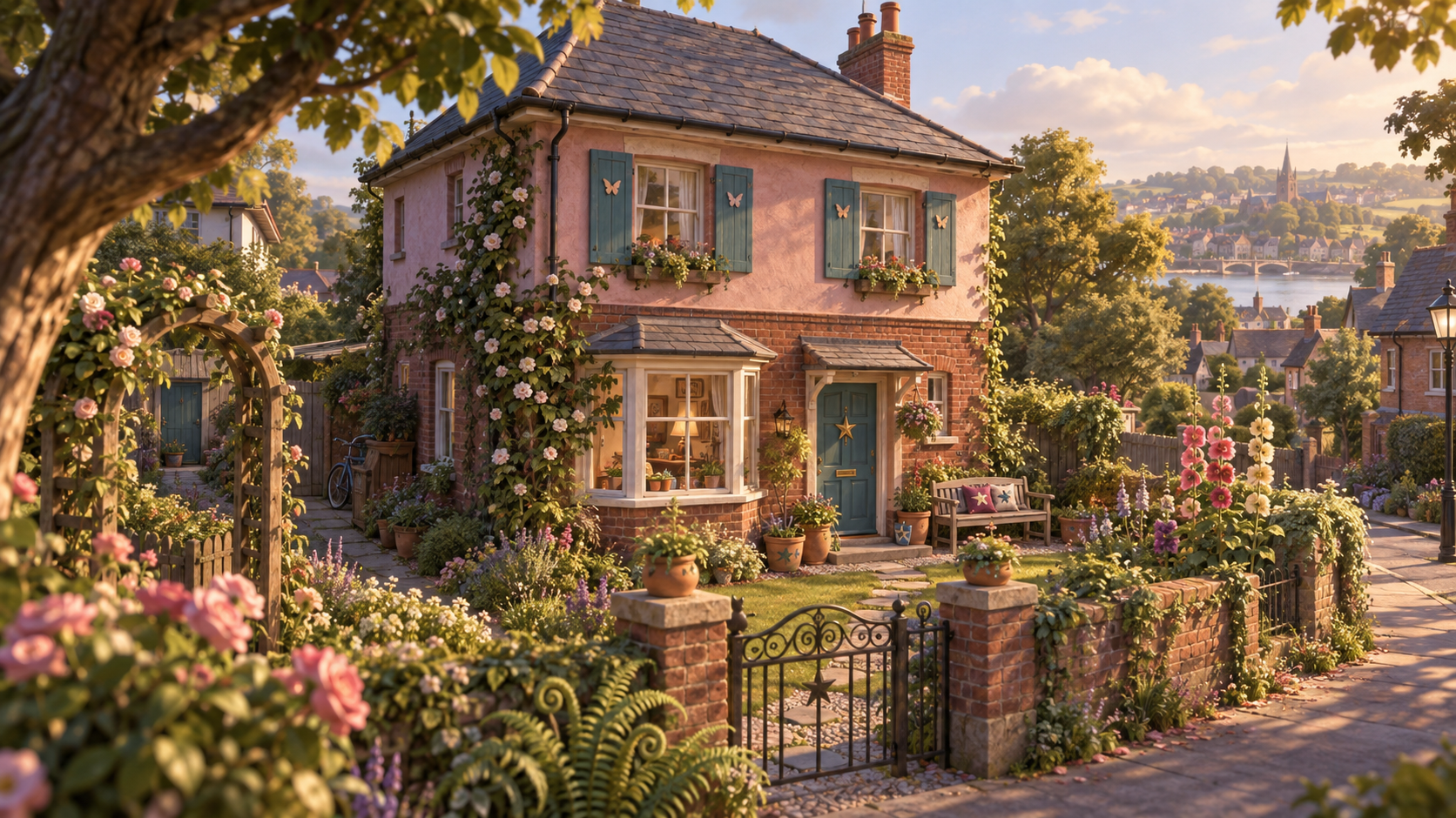 The Rose & Brick House: Rose render, warm brick, a bay window and butterfly shutters.