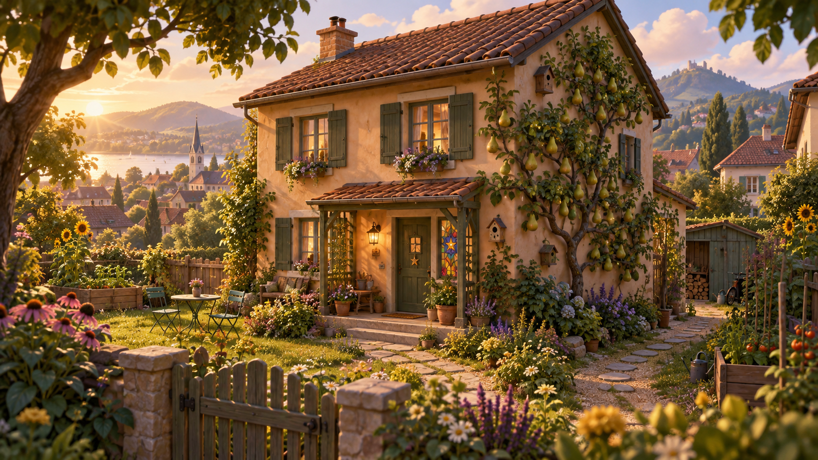 The Pear-Tree House: An espalier pear tree, stained glass and a productive family garden.