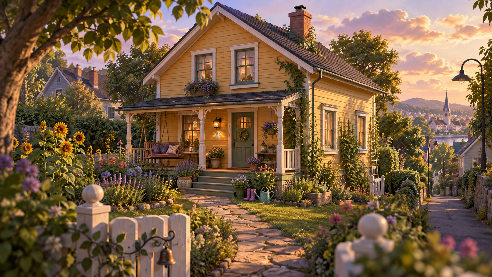 The Sunflower Veranda: Honey-colored timber, a porch swing and a sunny flower garden.
