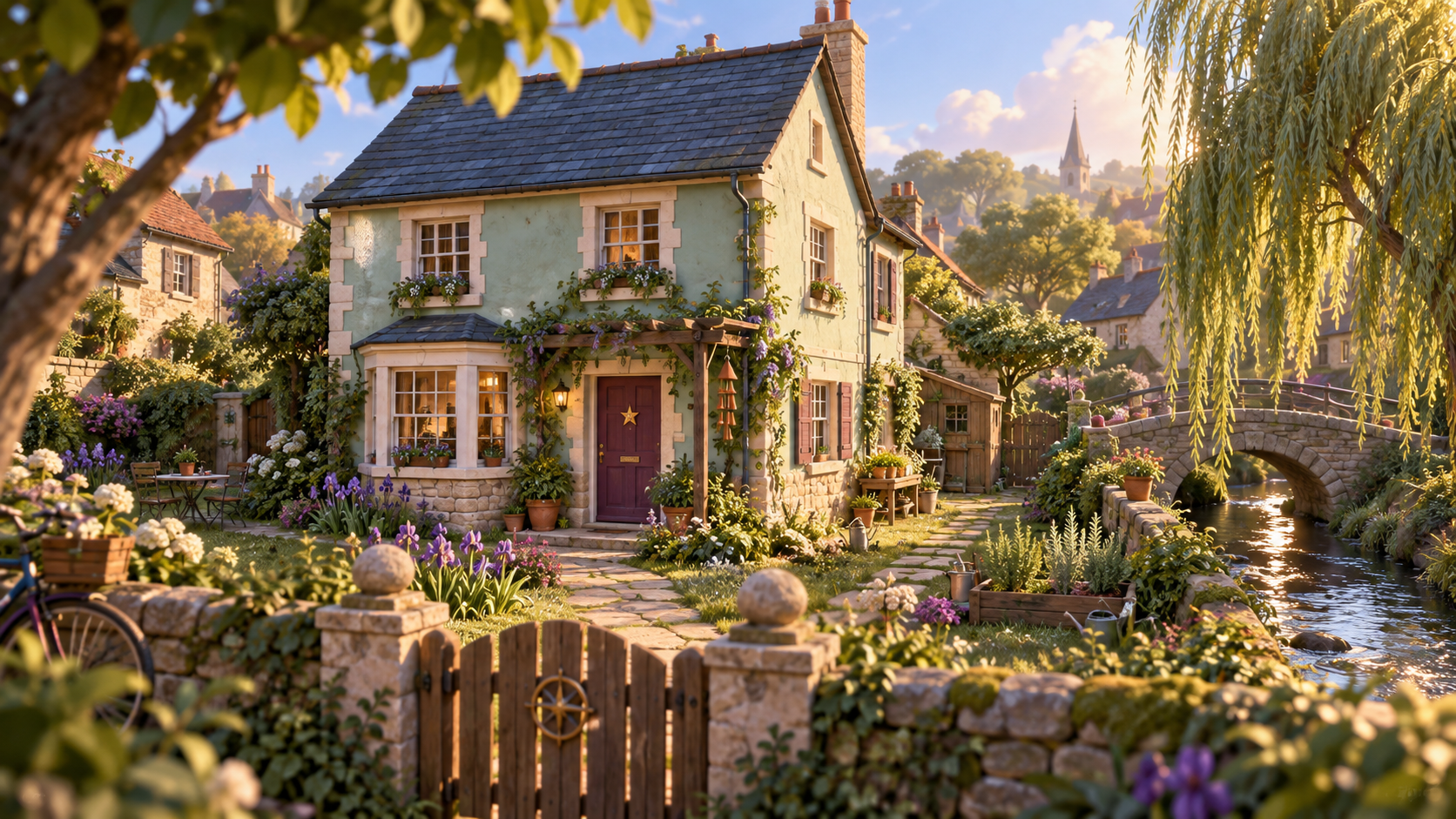 The Willow-Side Home: Mint plaster, plum door and a willow-lined village stream.