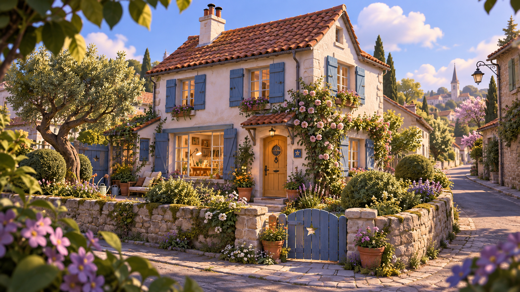 The Little Corner Studio: White stucco, blue shutters and a welcoming home art studio.