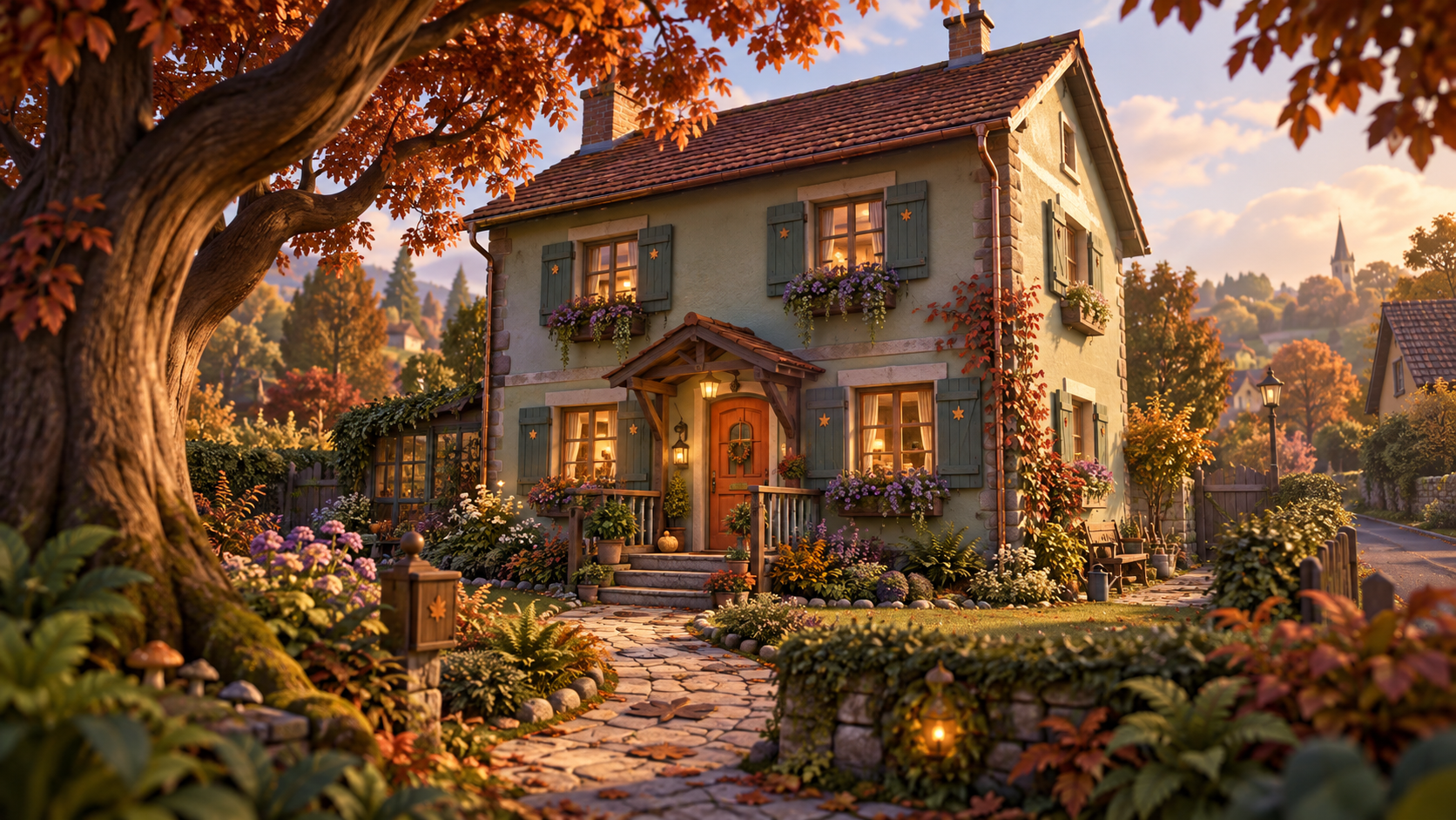 The Copper Beech House: Grey-green walls, an orange door and copper autumn foliage.