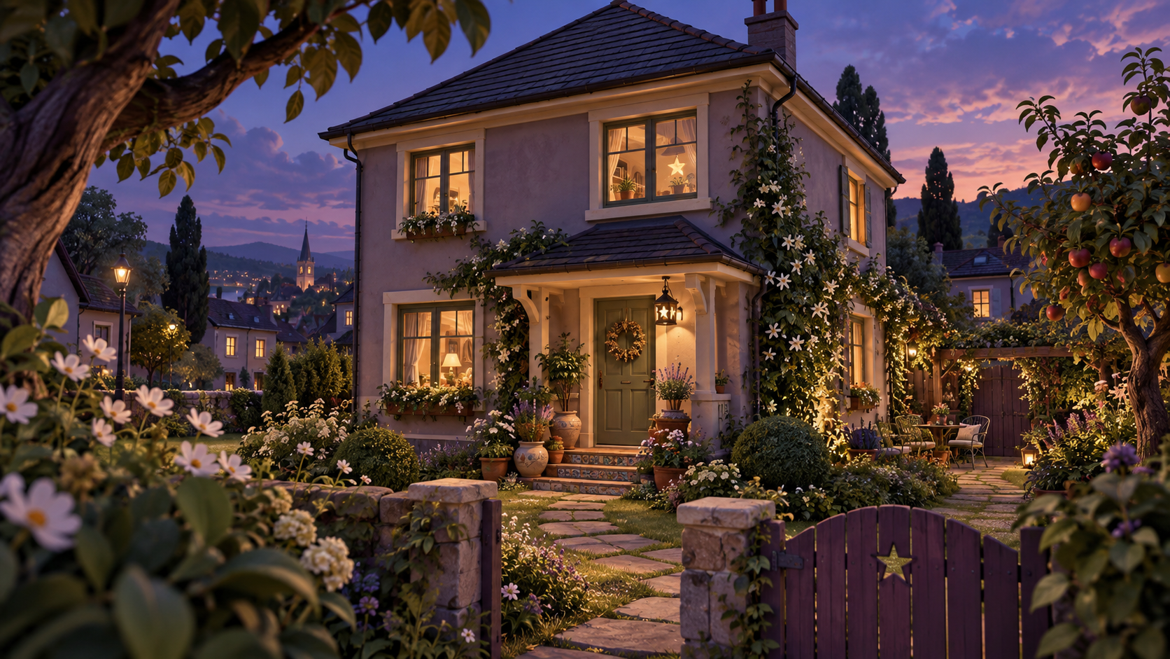 The Moonflower Home: Mauve plaster, star lanterns and amber windows at blue hour.