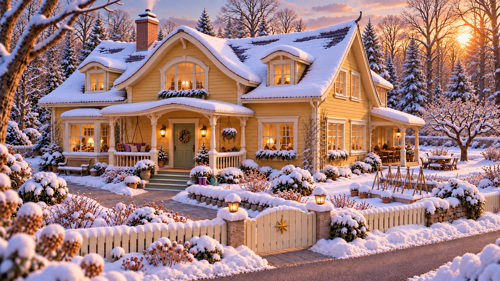 More snow: A thicker blanket of settled snow, with cleared paths and warm late-afternoon winter sunlight.