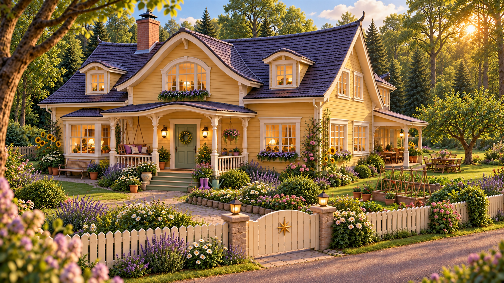 Summer afternoon: The same house and garden in summer, with leafy woodland, sunflowers and warm late-afternoon light.