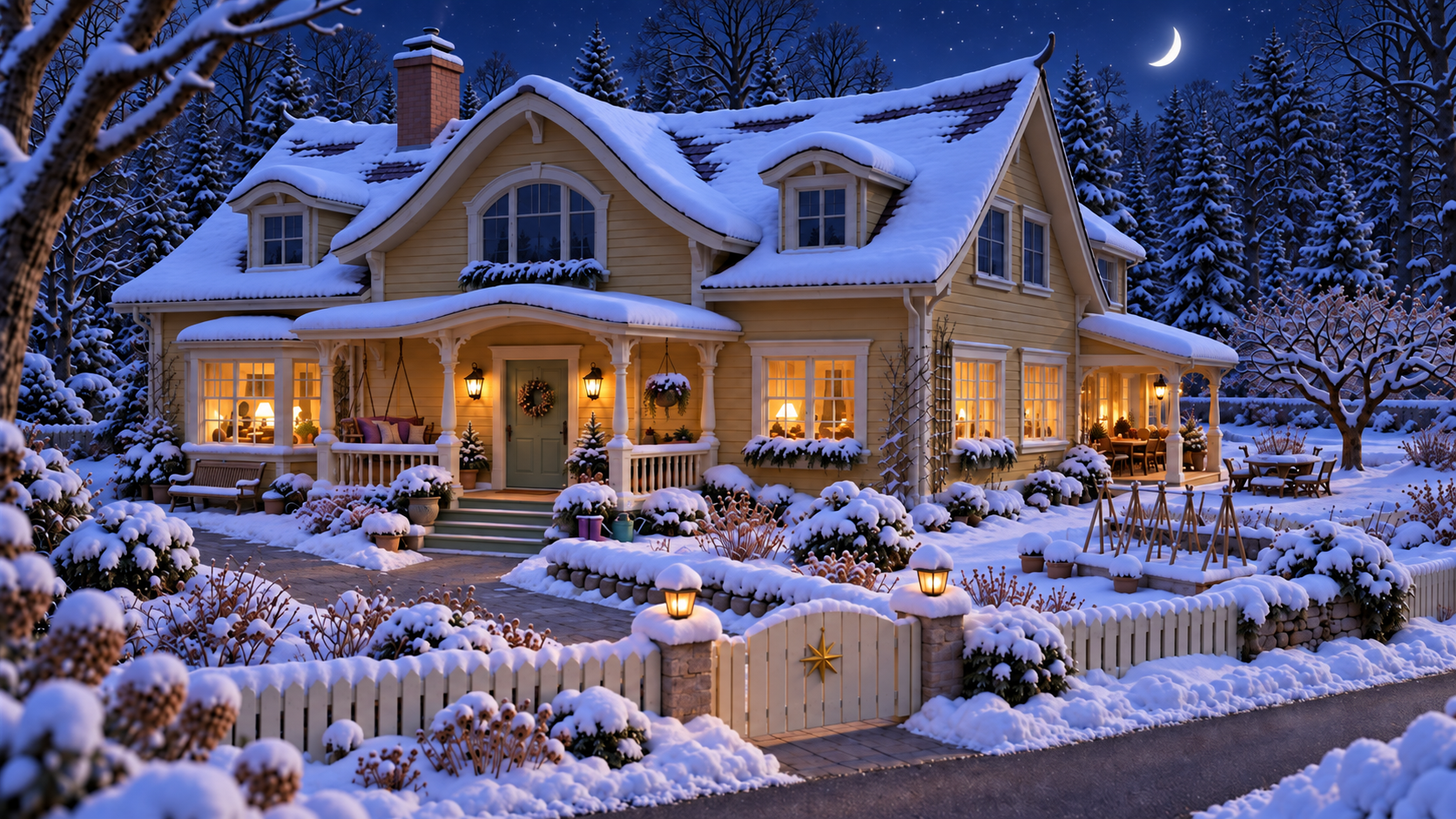 Snowy evening - downstairs lights only