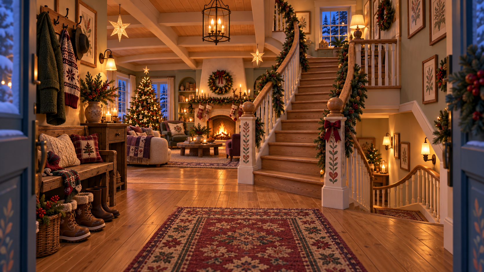 Hearth and Handmade Storybook Christmas entry hall and staircase