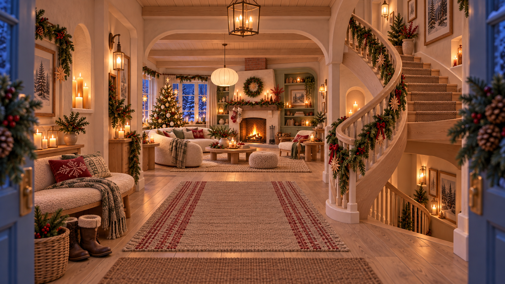 Nordic Candlelight Christmas entry hall and ribbon staircase