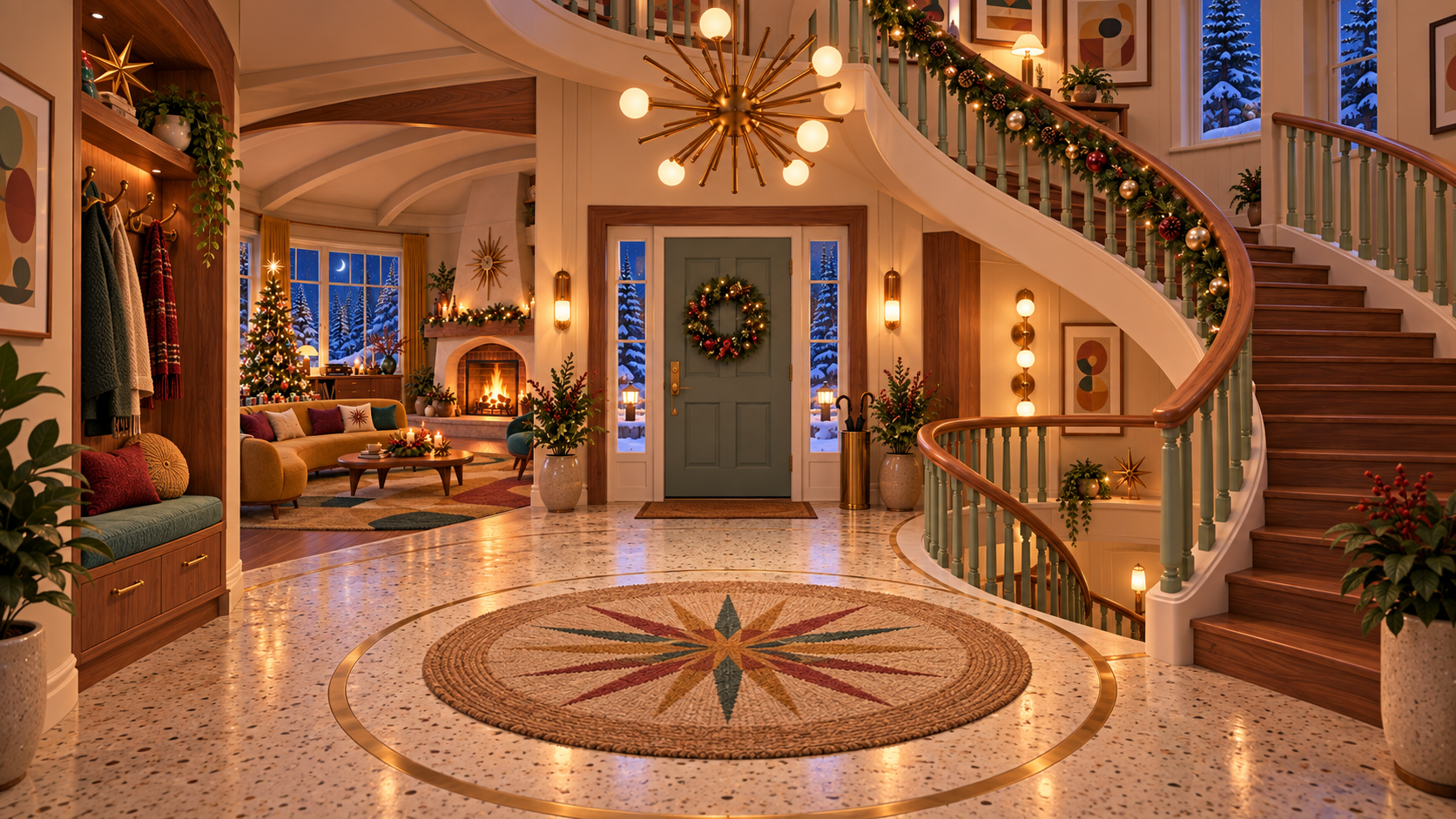 Mid-century Curved Christmas entry hall and sculptural staircase