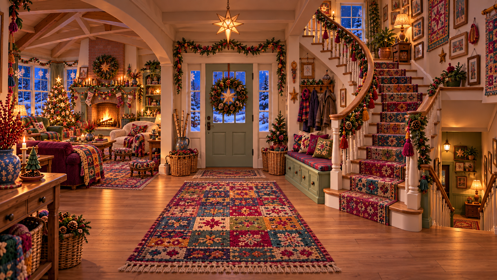 Bohemian Patchwork Christmas entry hall and colorful staircase