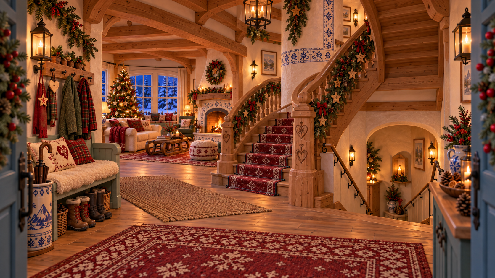 Alpine Ceramic Hearth Christmas entry hall and carved staircase