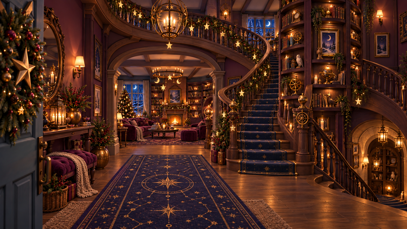 Moonlit Plum Library Christmas entry hall and library staircase