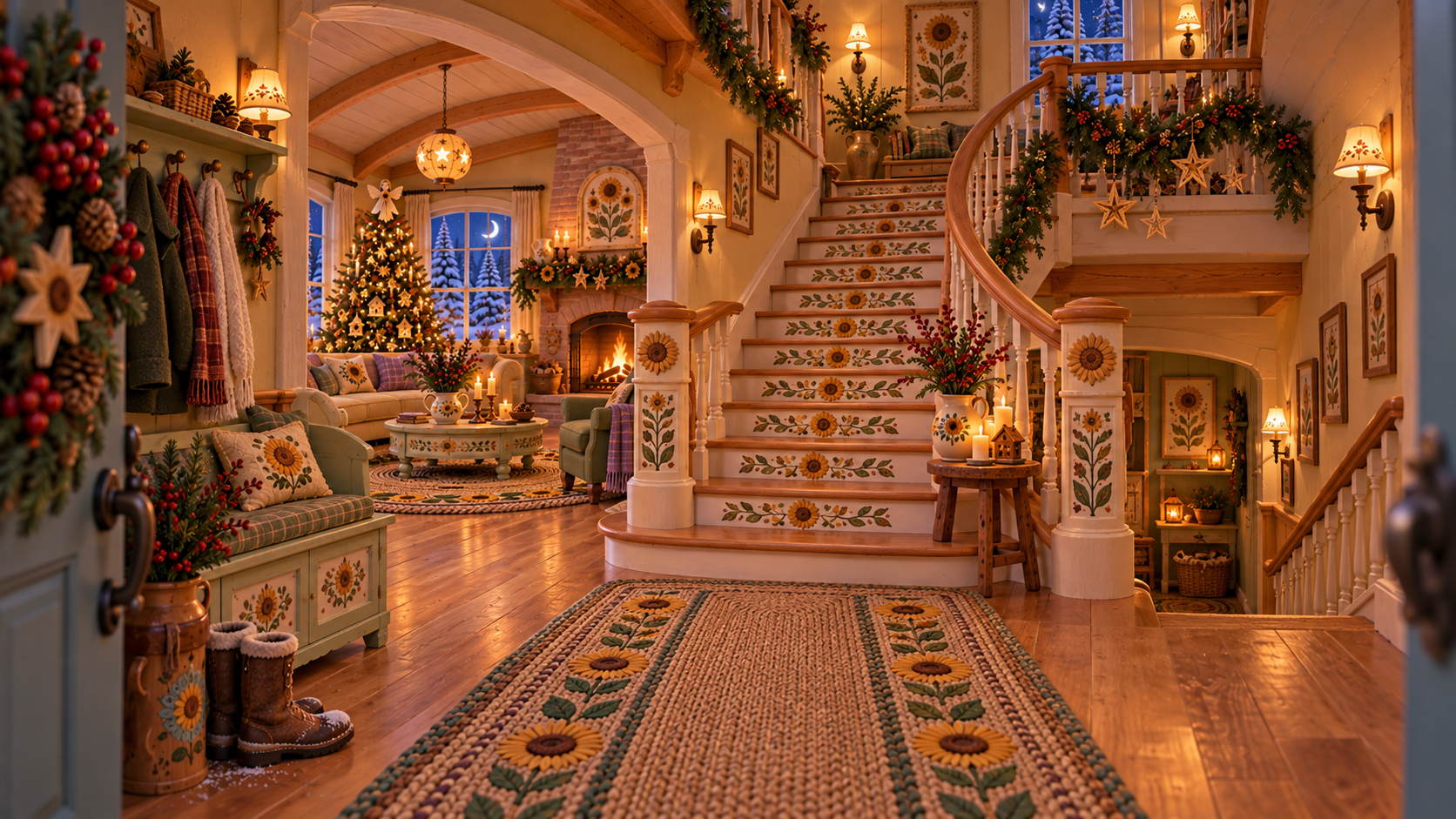 Sunflower Winter Folk Christmas entry hall and painted staircase