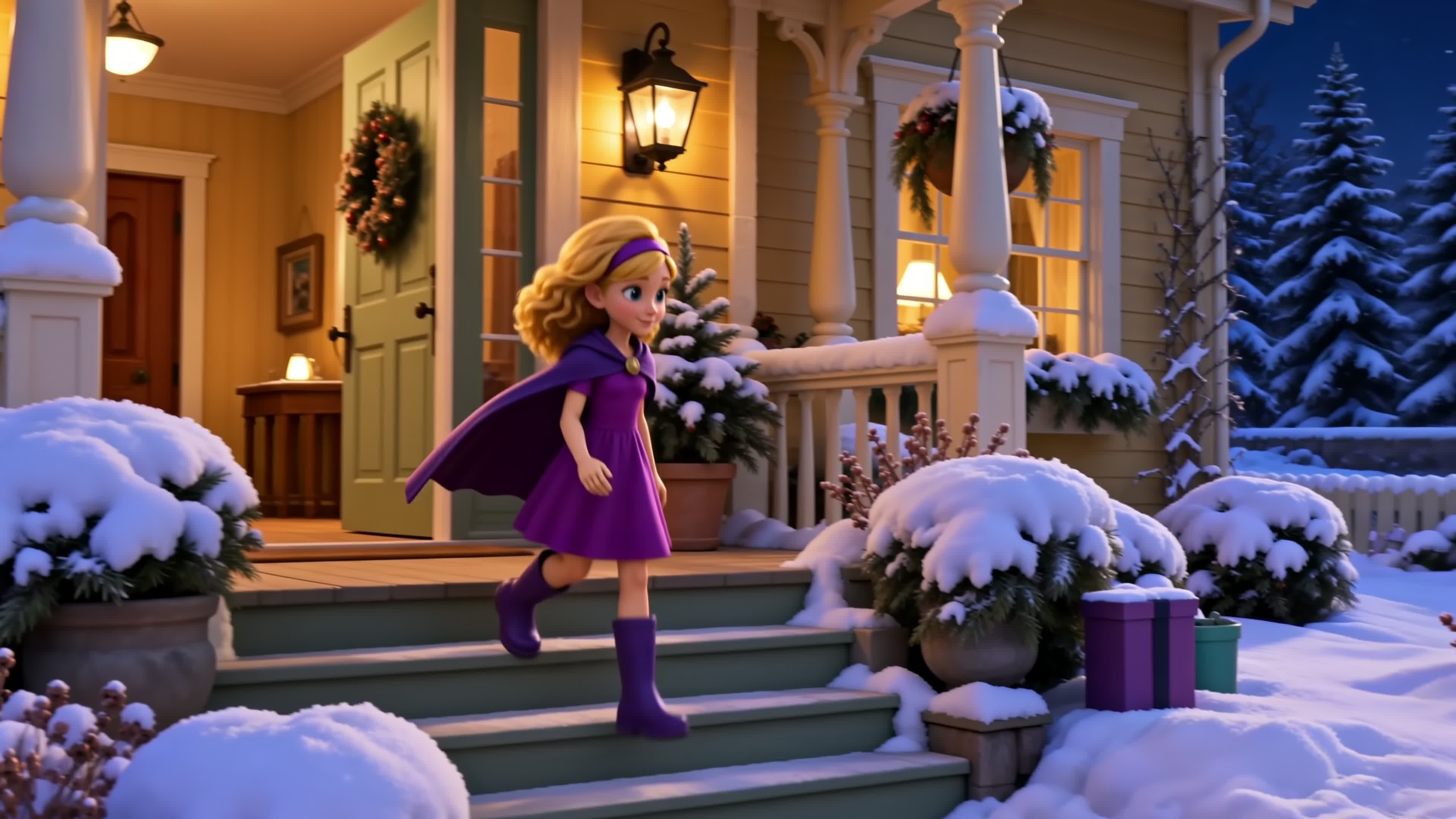 Lina descending the porch steps