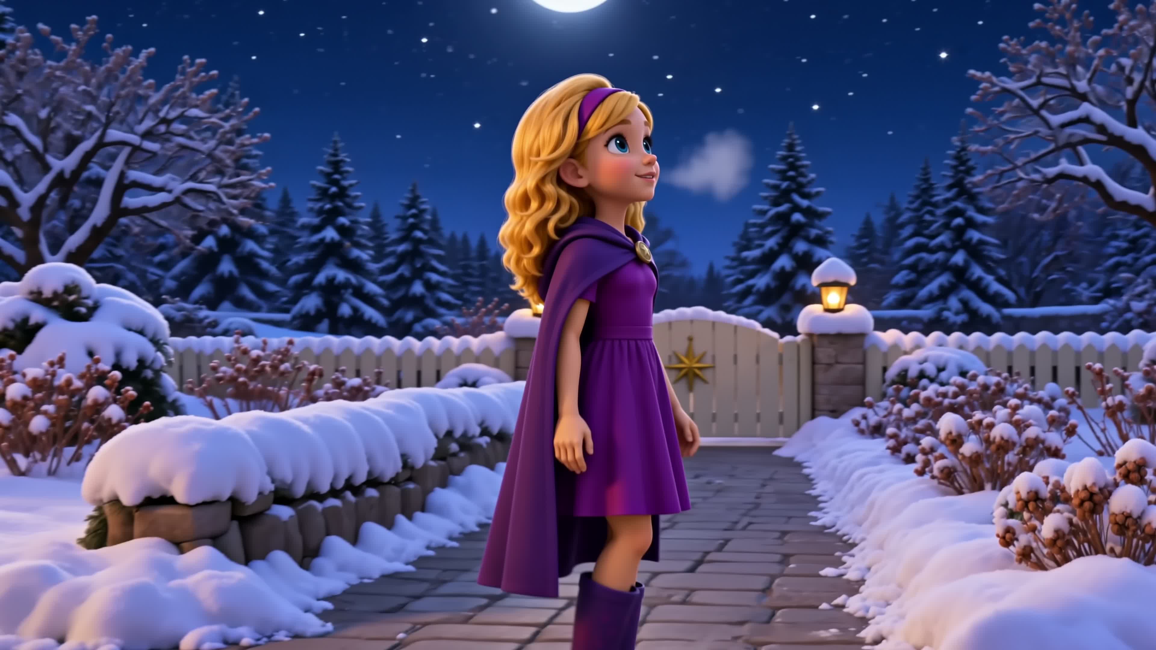 Lina looking upward in the snowy garden