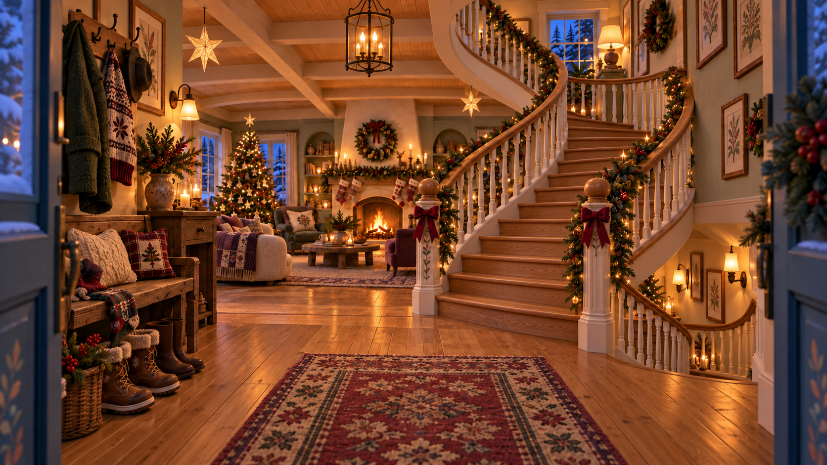Hearth and Handmade Storybook hall with a measured sweeping wooden stair