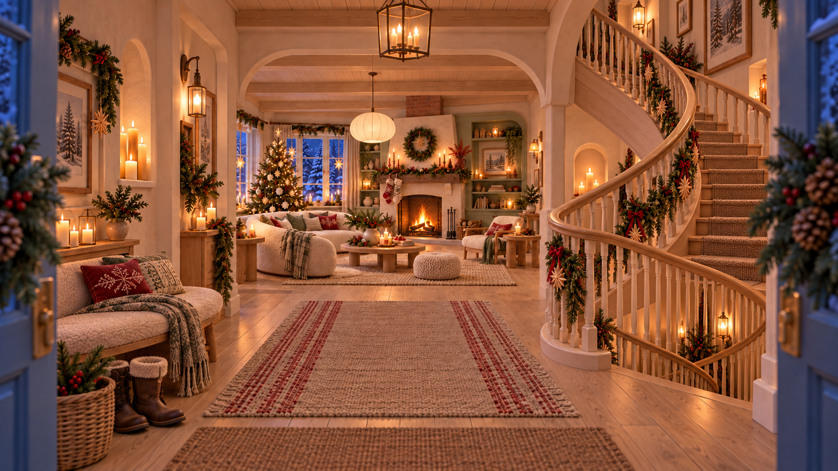 Nordic Candlelight hall with a measured sweeping pale-oak stair
