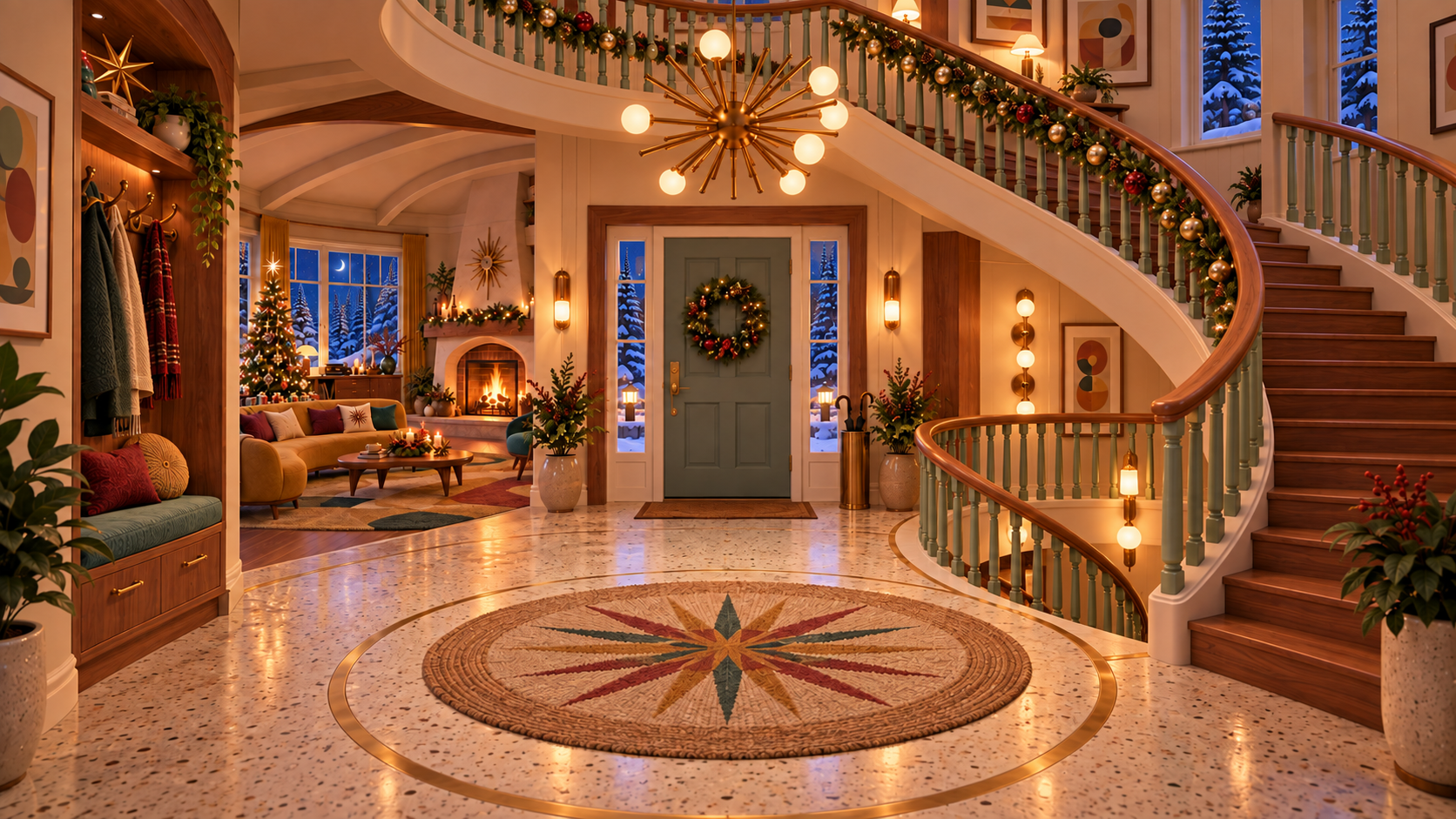 Mid-century Curved Christmas hall with a measured sweeping walnut stair