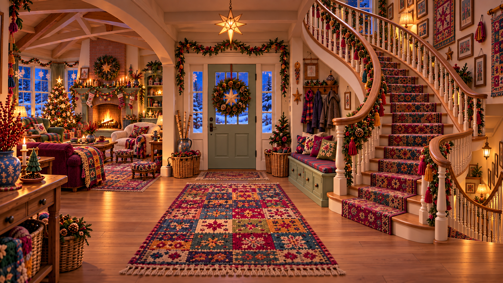 Bohemian Patchwork Christmas hall with a measured sweeping stair