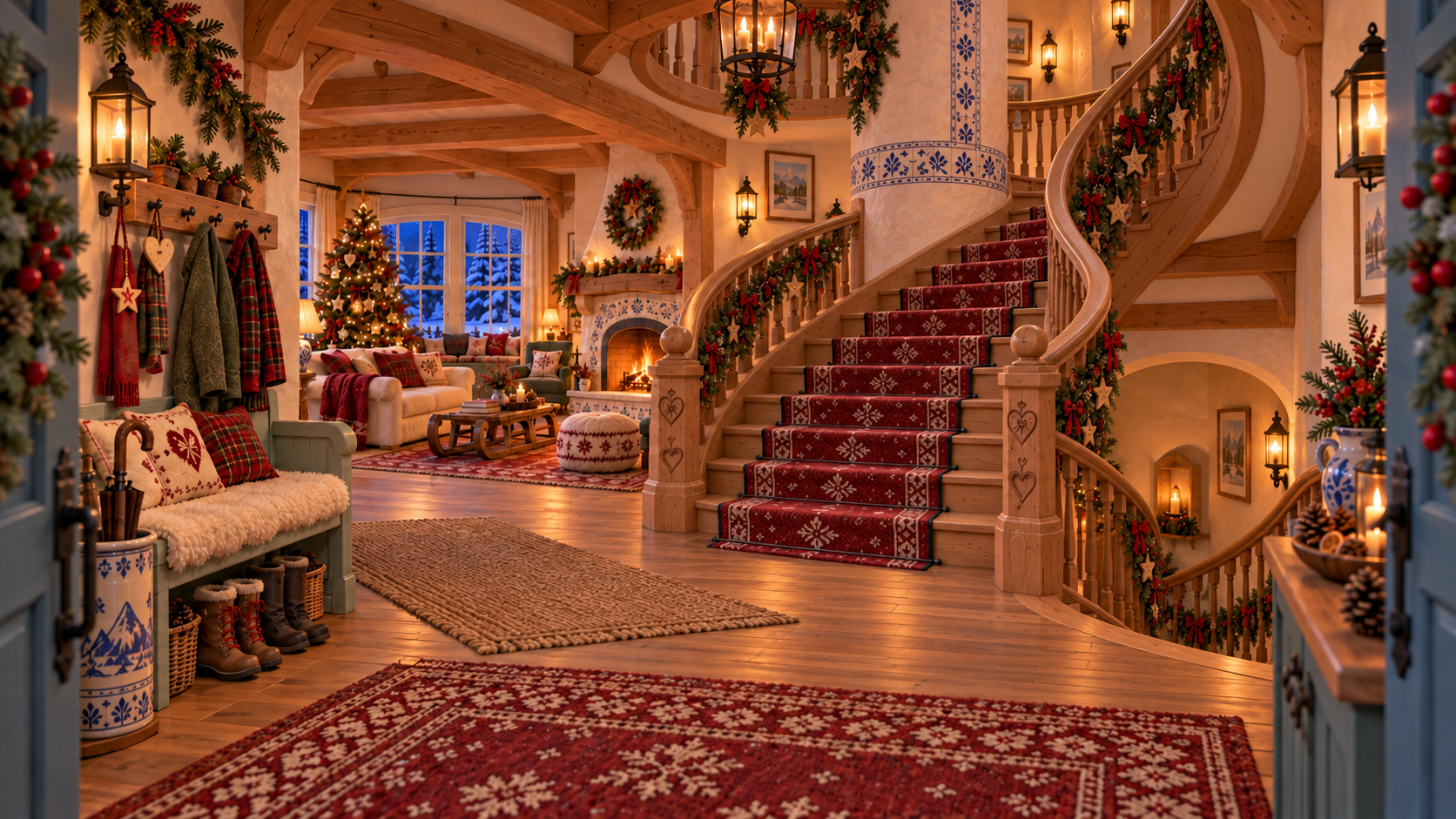 Alpine Ceramic Hearth hall with a measured sweeping timber stair