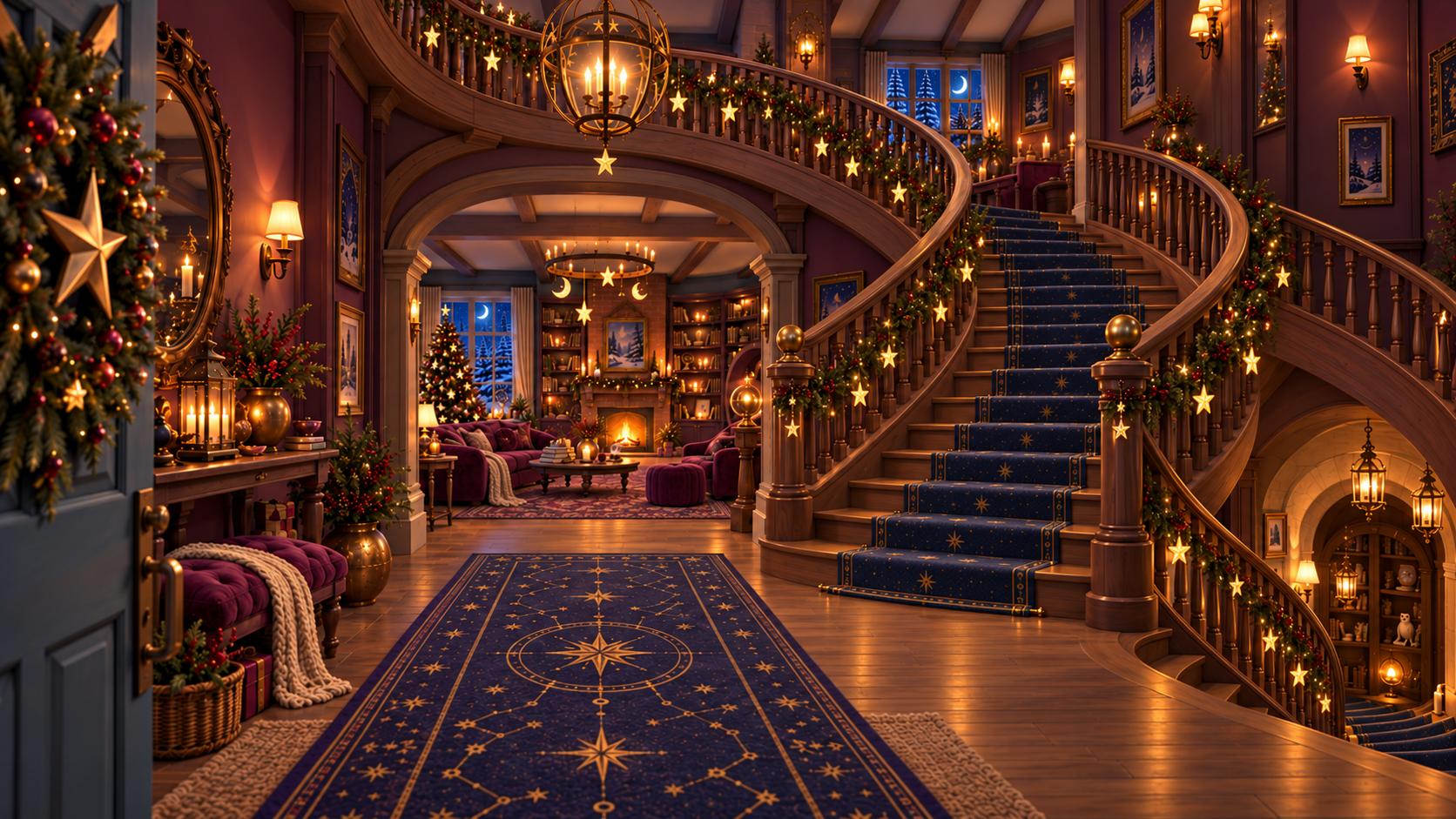 Moonlit Plum Library hall with a measured sweeping library stair