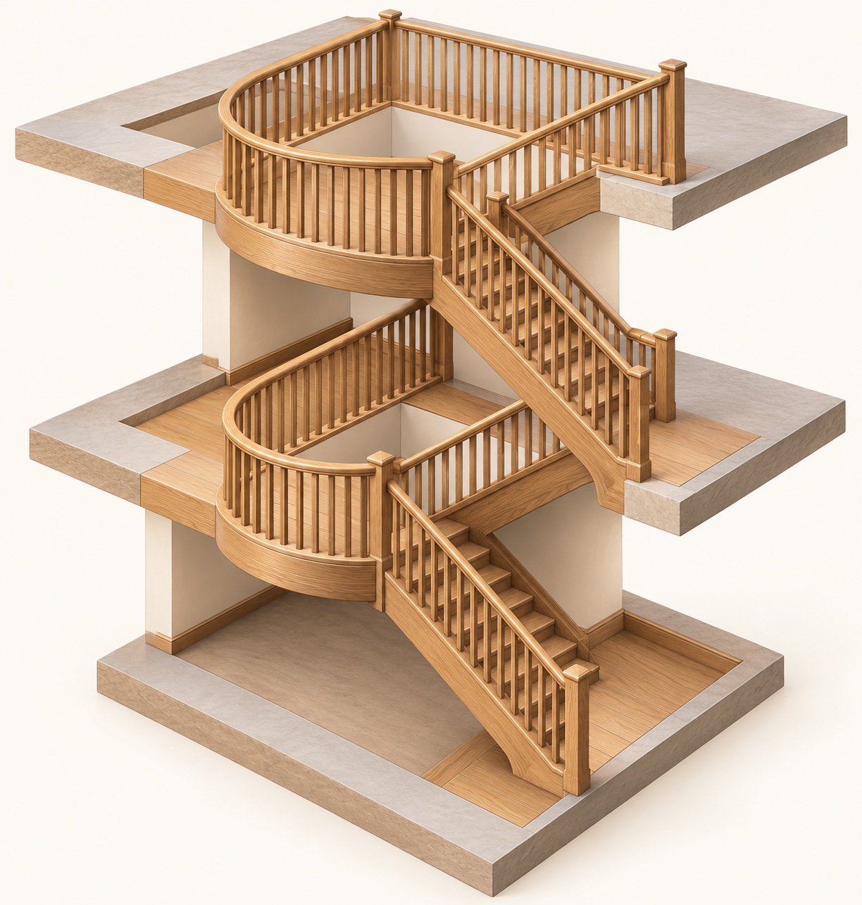 Isolated three-level softened horseshoe wooden staircase