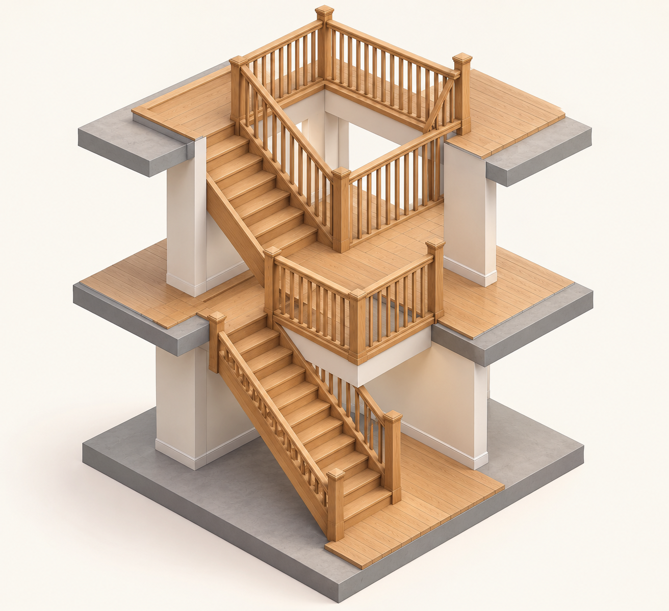 Isolated three-level three-flight open-well wooden staircase