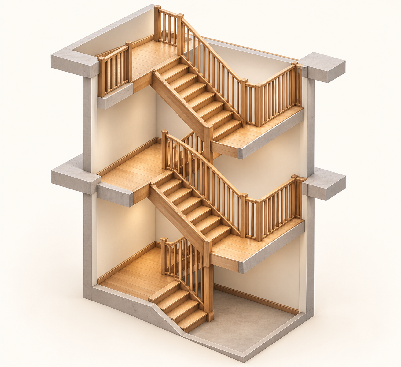Isolated three-level stacked L-return wooden staircase