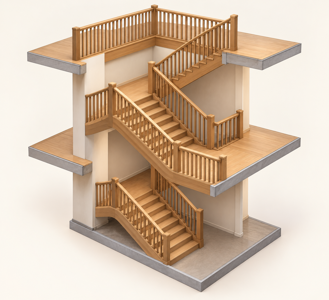 Isolated three-level double dogleg gallery wooden staircase